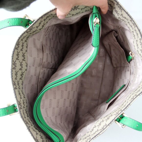 Michael Kors Monogram Canvas Tote Bag with Green Leather Handles - Picture 13 of 16